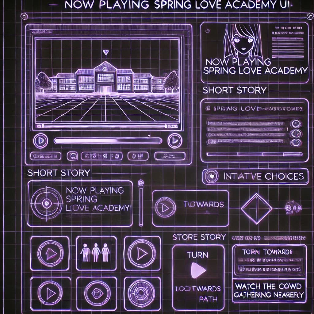 Spring Love Academy game interface showing interactive story elements and controls
